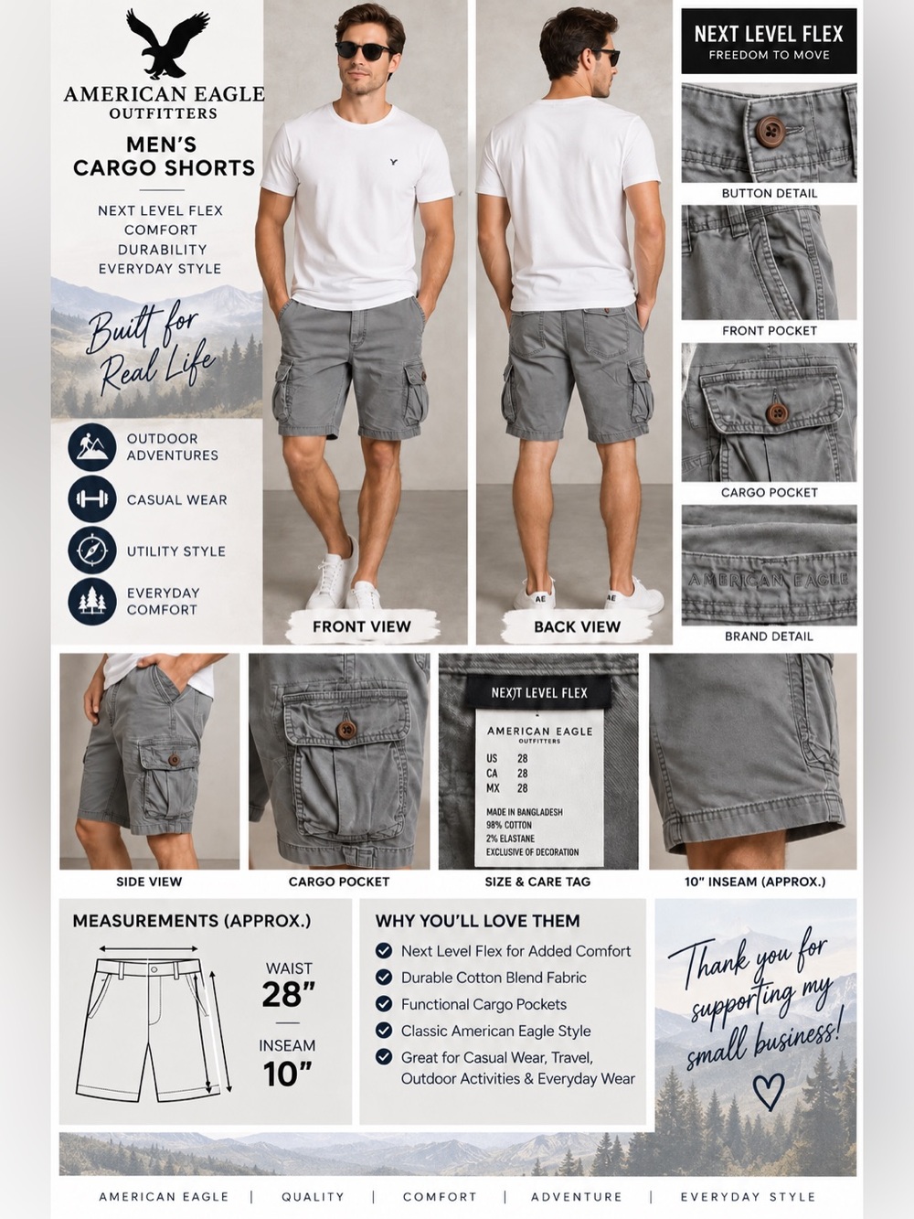 American Eagle Next Level Flex Cargo Shorts Men’s 28 Gray 10” Inseam Utility